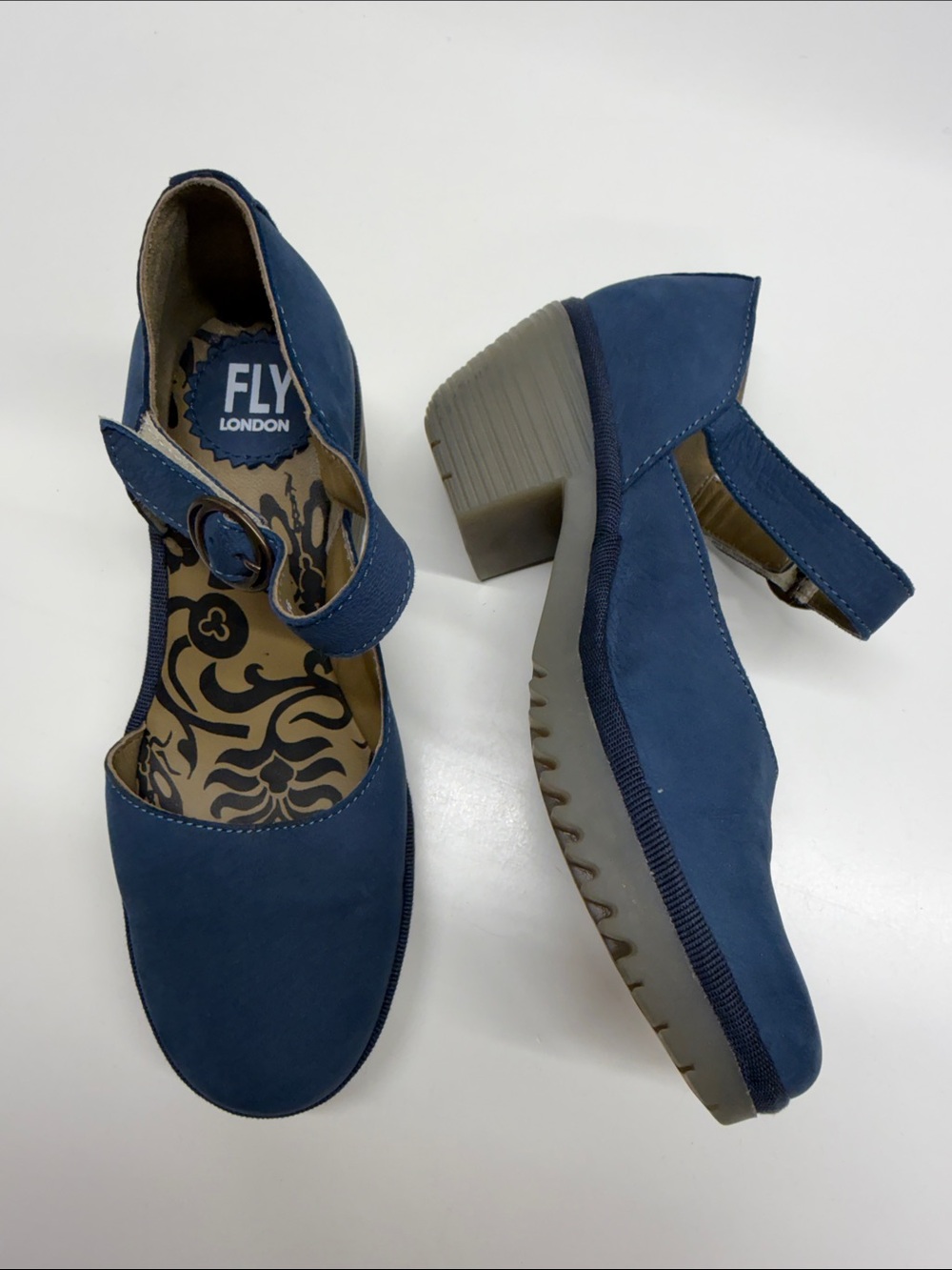 Fly London Wifo 440 Maryjanes Buckle Shoes Low Heel Suede Nubuck Blue Size 6